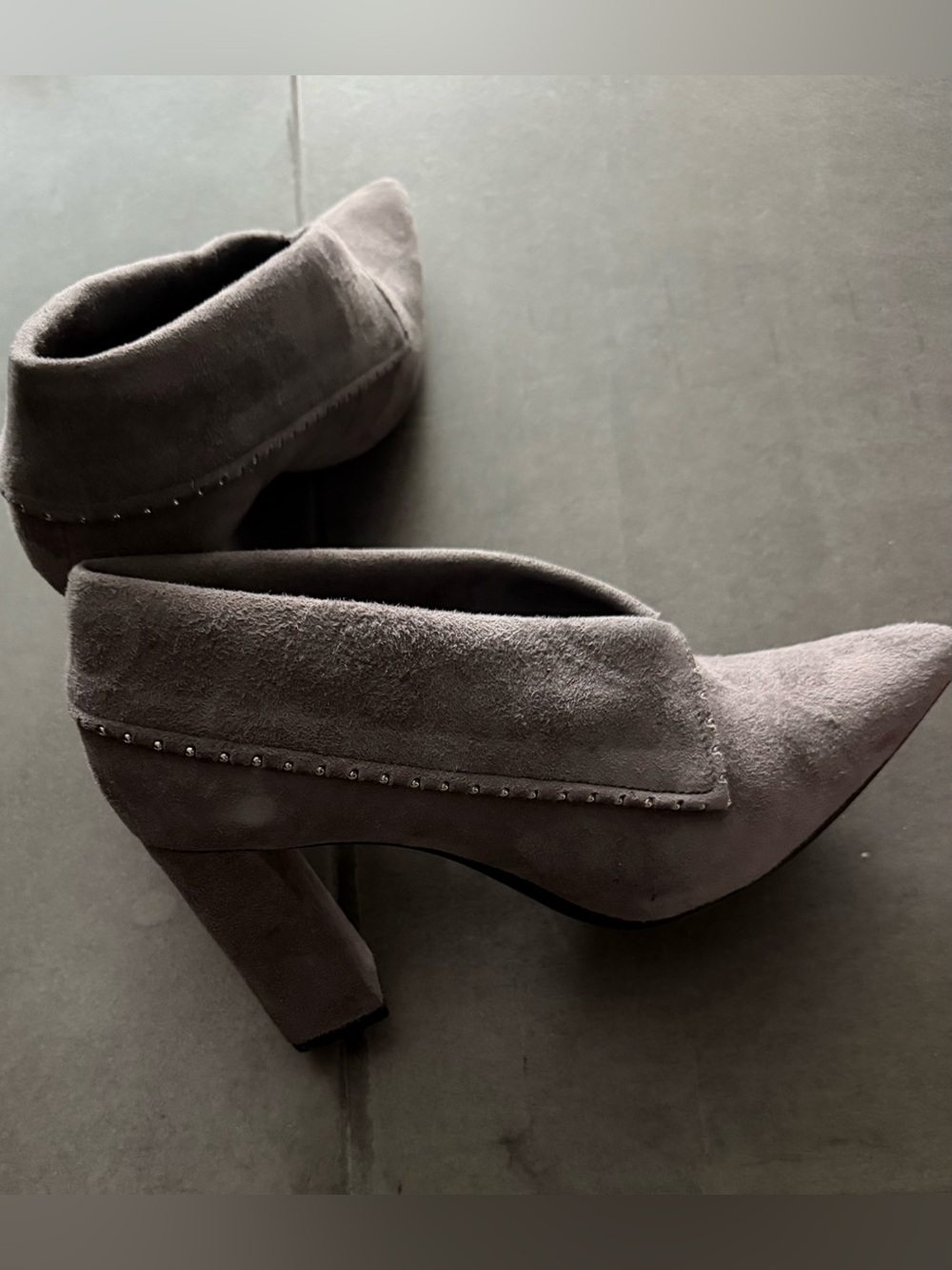 AEROSOLES Gray Suede Fold-Over Ankle Bootie with Stud Detail